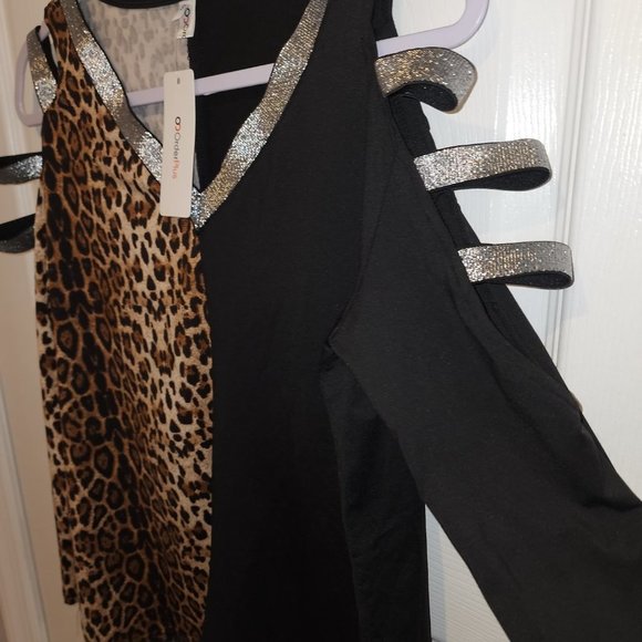 OC Order Plus Large open shoulder black & cheetah print Shirt Blouse NWT - Picture 10 of 14